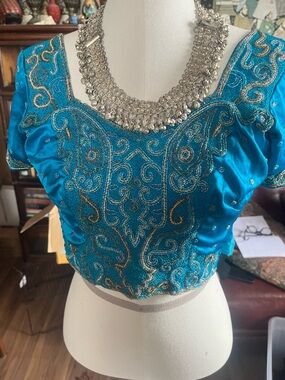 Embroidered Turquoise Women's Top (Choli) with Silver Accents